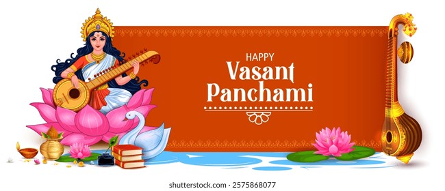 illustration of Goddess of Wisdom Saraswati for Vasant Panchami India festival background