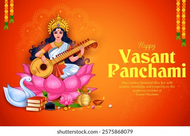 illustration of Goddess of Wisdom Saraswati for Vasant Panchami India festival background