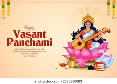 illustration of Goddess of Wisdom Saraswati for Vasant Panchami India festival background