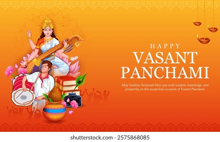 illustration of Goddess of Wisdom Saraswati for Vasant Panchami India festival background