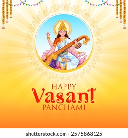 illustration of Goddess of Wisdom Saraswati for Vasant Panchami India festival background