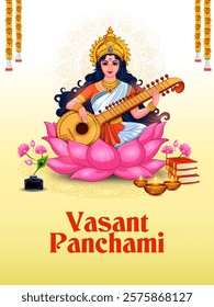 illustration of Goddess of Wisdom Saraswati for Vasant Panchami India festival background