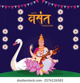 Illustration of Goddess of Wisdom Saraswati for Vasant Panchami India festival background 