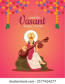 Illustration of Goddess of Wisdom Saraswati for Vasant Panchami India festival background 