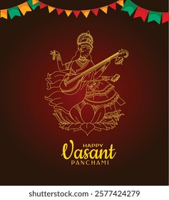 Illustration of Goddess of Wisdom Saraswati for Vasant Panchami India festival background 