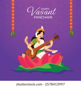 Illustration of Goddess of Wisdom Saraswati for Vasant Panchami India festival background 