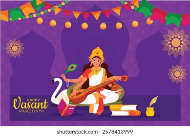 Illustration of Goddess of Wisdom Saraswati for Vasant Panchami India festival background 