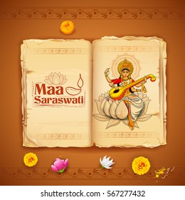 illustration of Goddess of Wisdom Saraswati for Vasant Panchami India festival background