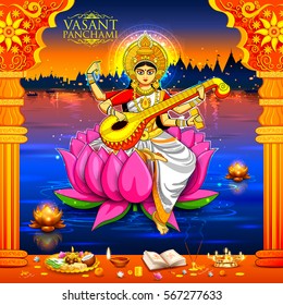 illustration of Goddess of Wisdom Saraswati for Vasant Panchami India festival background