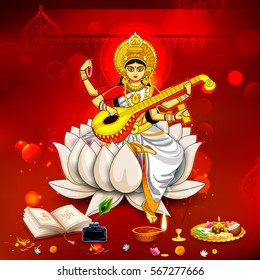 illustration of Goddess of Wisdom Saraswati for Vasant Panchami India festival background