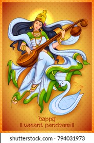 illustration of Goddess of Wisdom Saraswati for Vasant Panchami India festival background