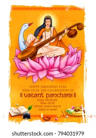 illustration of Goddess of Wisdom Saraswati for Vasant Panchami India festival background