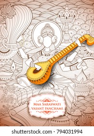 illustration of Goddess of Wisdom Saraswati for Vasant Panchami India festival background