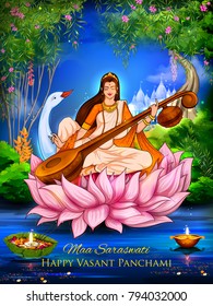 illustration of Goddess of Wisdom Saraswati for Vasant Panchami India festival background