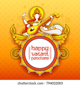 illustration of Goddess of Wisdom Saraswati for Vasant Panchami India festival background