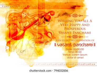 illustration of Goddess of Wisdom Saraswati for Vasant Panchami India festival background