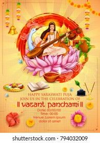 illustration of Goddess of Wisdom Saraswati for Vasant Panchami India festival background