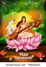 illustration of Goddess of Wisdom Saraswati for Vasant Panchami India festival background