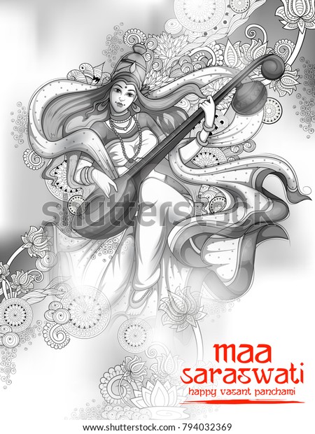 バサント パンチャミ インドの祭りの背景にウィズダム サラスワティの女神のイラスト のベクター画像素材 ロイヤリティフリー