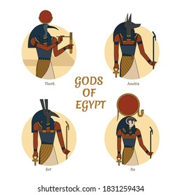 Illustration of the gods and symbols of ancient Egypt isolated against the background of the scarab beetle. Egyptian gods Thoth, Anubis, Ra and Set. Vector illustration. Gods of Egypt. EPS 10.