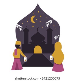 illustration of going to prayer in the middle of the night. flat design ramadan theme