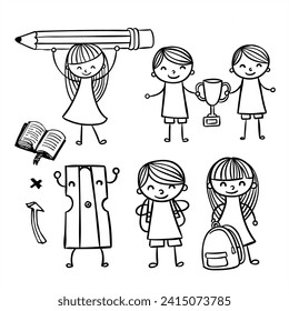 illustration of going to school, studying at school depicting boys and girls wearing and holding school supplies
