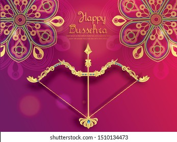 Illustration of gold arrow pattern bow with beautiful background For celebration of Happy Dussehra Indian festival.