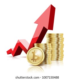 Illustration of Gold Bitcoin coins and arrow on white background. Concept of growth of cryptocurrency in financial world. Banking business. Vector.