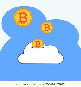 An illustration of gold Bitcoin coins being saved into a white cloud, symbolizing cloud storage for cryptocurrency. The background features blue clouds, representing digital and virtual data.