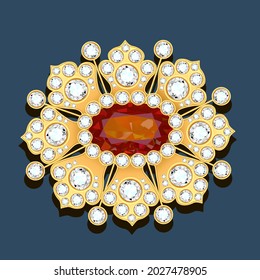 Illustration gold brooch with  precious stones. Filigree victorian jewellery.