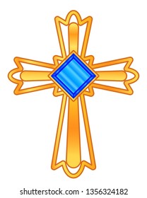 Illustration of the gold christian cross with blue jewel