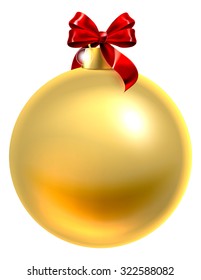 An illustration of a gold Christmas tree bauble decoration ornament with a red ribbon bow