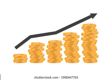 illustration of gold coin bar with graph and arrow on backdrop