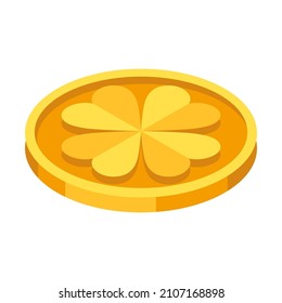 Illustration of gold coin with clower. Saint Patricks Day illustration. Festive national icon.