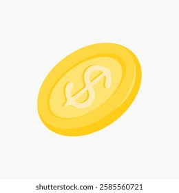 Illustration of a gold coin with a dollar sign. The gold coin is shiny and features a prominent dollar symbol. Simple gold coin design on a white background. Aesthetic vector illustration.