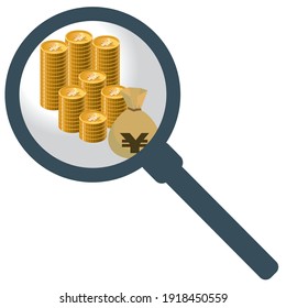Illustration of gold coin Japanese yen stacked with magnifying glass and magnifying glass. Image of savings and savings