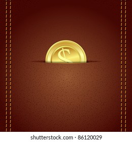 illustration of gold coin in leather wallet with stitched border