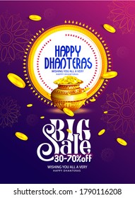 illustration of Gold coin in pot for celebration on Happy Dhanteras light festival of Diwali in India