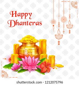 illustration of Gold coin in pot for Dhantera celebration on Happy Dussehra light festival of India background with hindi text meaning Happy Dhanteras 