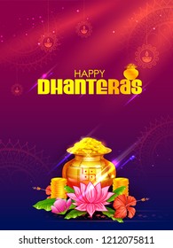 illustration of Gold coin in pot for Dhantera celebration on Happy Dussehra light festival of India background with hindi text meaning Happy Dhanteras 