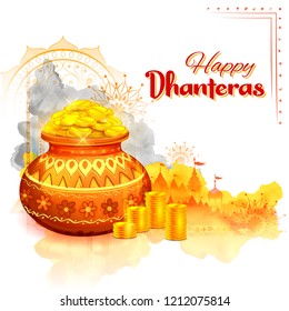 illustration of Gold coin in pot for Dhantera celebration on Happy Dussehra light festival of India background with hindi text meaning Happy Dhanteras 