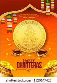 illustration of Gold coin in pot for Dhantera celebration on Happy Dussehra light festival of India background