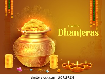 illustration of Gold coin in pot for Dhantera celebration on Happy Diwali light festival of India background