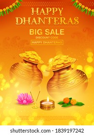 illustration of Gold coin in pot for Dhantera celebration on Happy Diwali light festival of India background