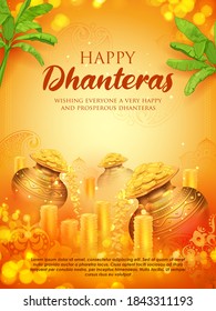 illustration of Gold coin in pot for Dhantera celebration on Happy Diwali light festival of India background