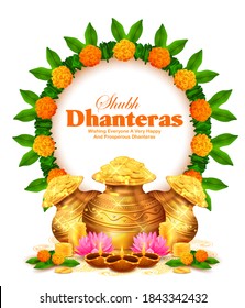 illustration of Gold coin in pot for Dhantera celebration on Happy Diwali light festival of India background