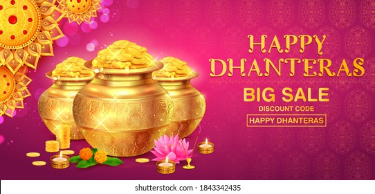 illustration of Gold coin in pot for Dhantera celebration on Happy Diwali light festival of India background