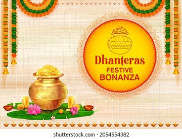 illustration of Gold coin in pot for Dhantera celebration on Happy Diwali light festival of India background