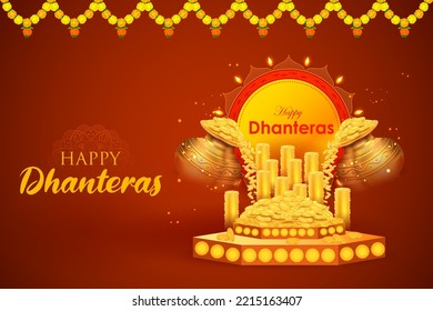 illustration of Gold coin in pot for Dhantera celebration on Happy Diwali light festival of India background