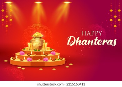 illustration of Gold coin in pot for Dhantera celebration on Happy Diwali light festival of India background